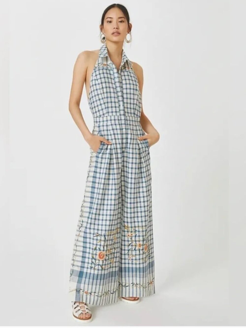 Anthropologie - Halter Top Long Leg Romper in Blue Checker - Size 6 Petite